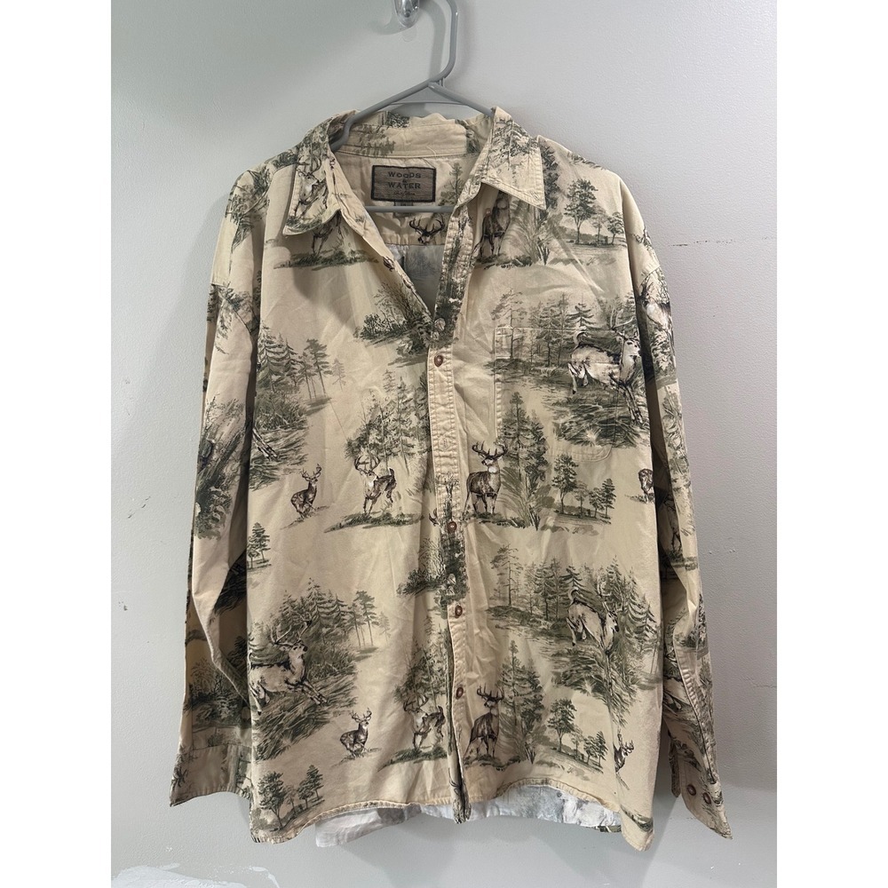 Woods & Water Vintage Deer Wildlife Print Cotton Button Down Shirt Mens XXL Tan